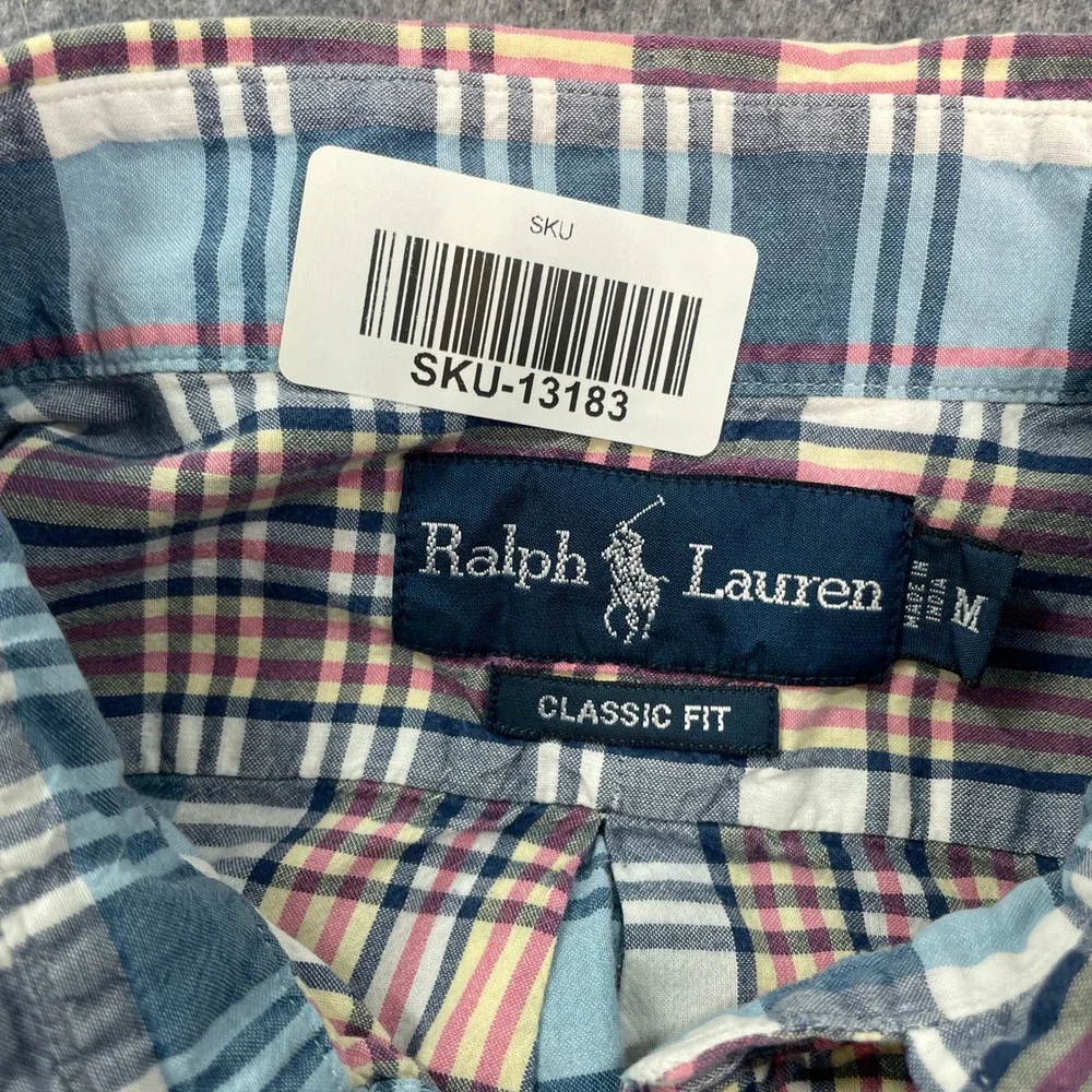Ralph Lauren Youth Boys Button Down Shirt M Blue Plaid Short Sleeve Classic Fit